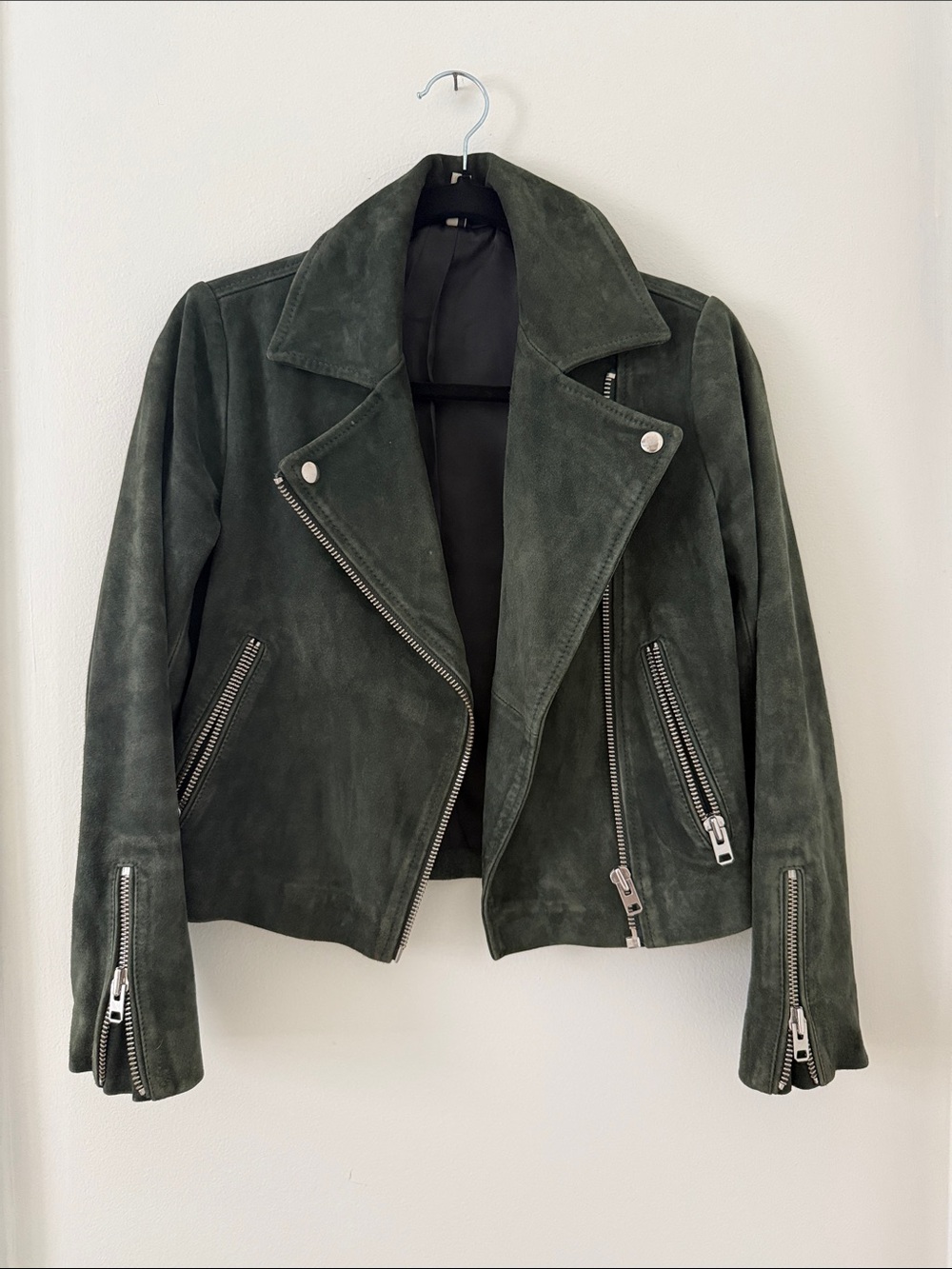 Topshop Dark Hunter Green Suede Leather Moto Jacket